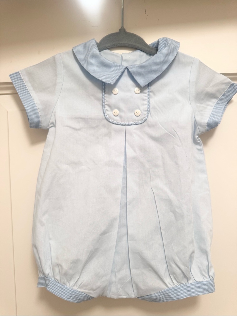 Light Blue Baby Bubble Romper with Gingham Trim